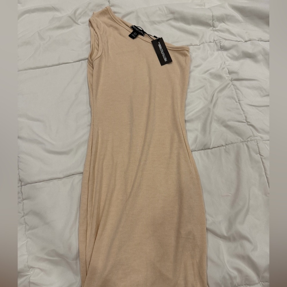 PrettyLittleThing One Shoulder Beige Dress